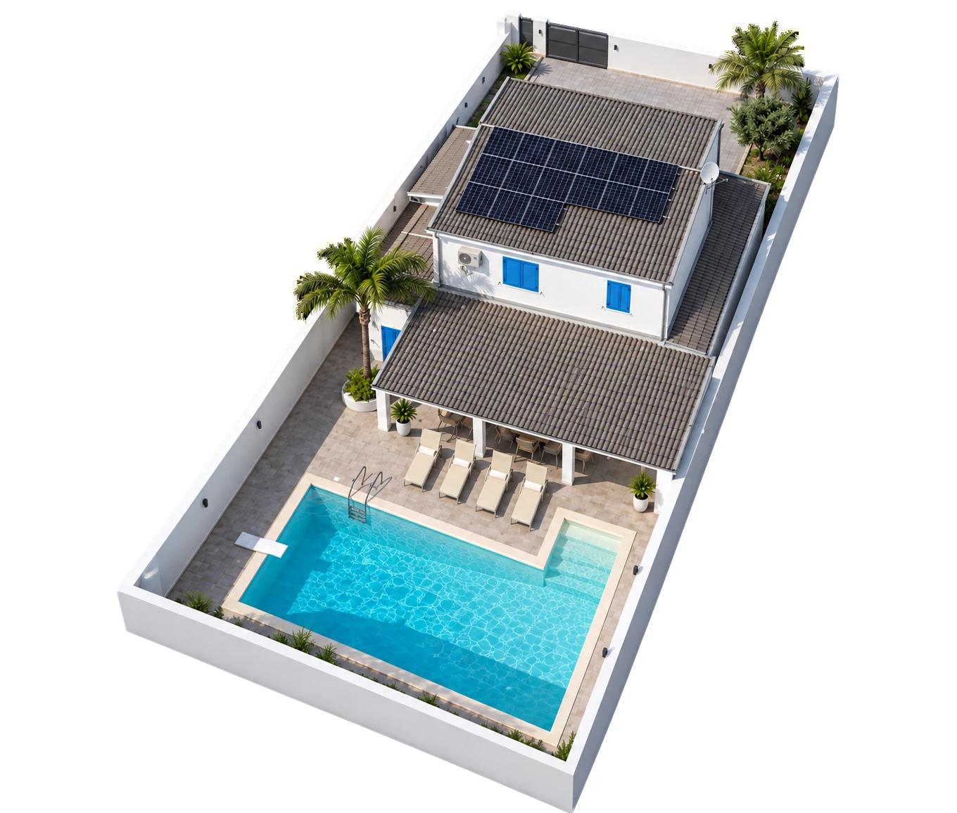 3D drawing of the villa from above: the house, the pool, the pergola and the walled garden